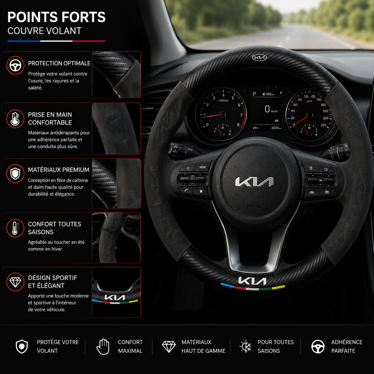 Couvre-Volant Premium en Fibre de Carbone & Daim – Look Sportif & Confort Absolu Kia – Image 3