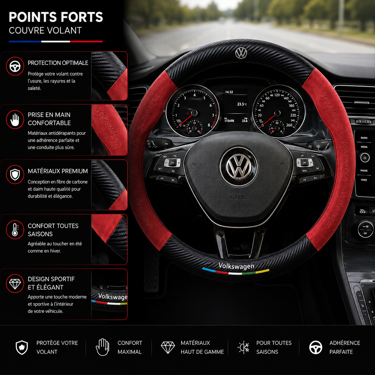Couvre-Volant Premium en Fibre de Carbone & Daim – Look Sportif & Confort Absolu Volkswagen – Image 2