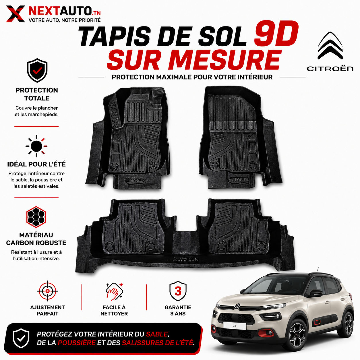 Tapis de Sol 9D Sur Mesure – Next Auto Citroën C3