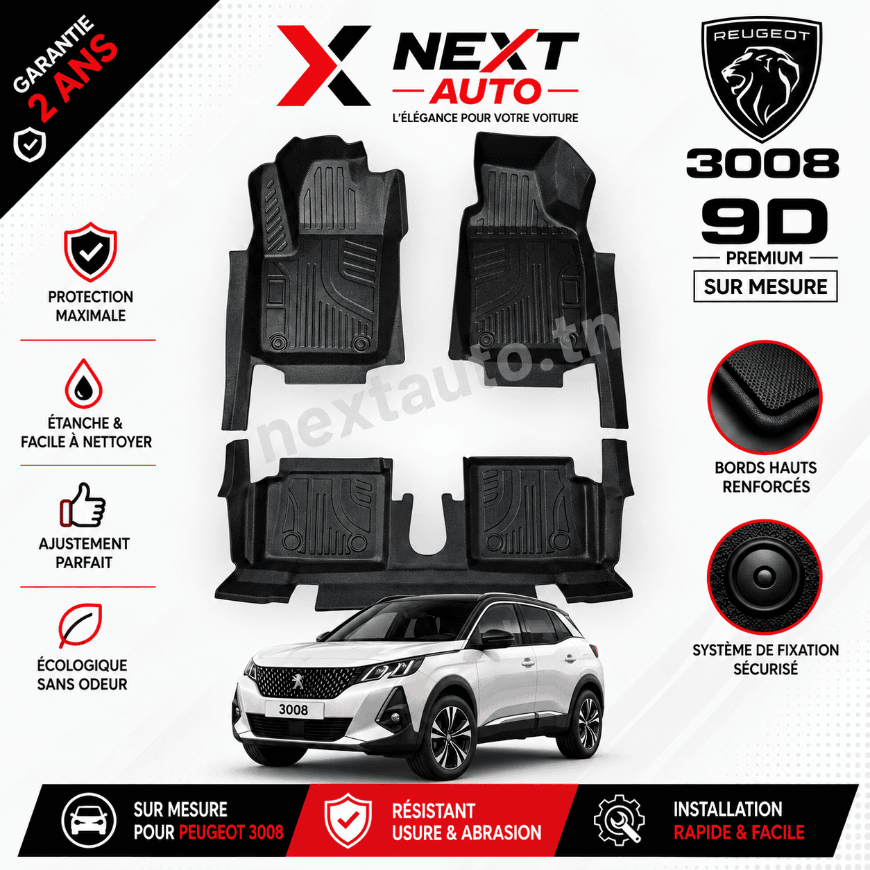Tapis 9D sur mesure pour voiture 3008 – Protection Premium | Next Auto Tunisie