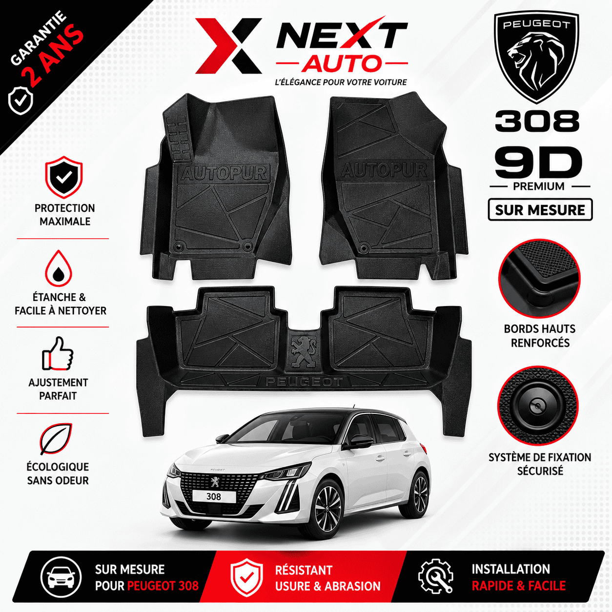 Tapis 9D sur mesure pour voiture 308 – Protection Premium | Next Auto Tunisie