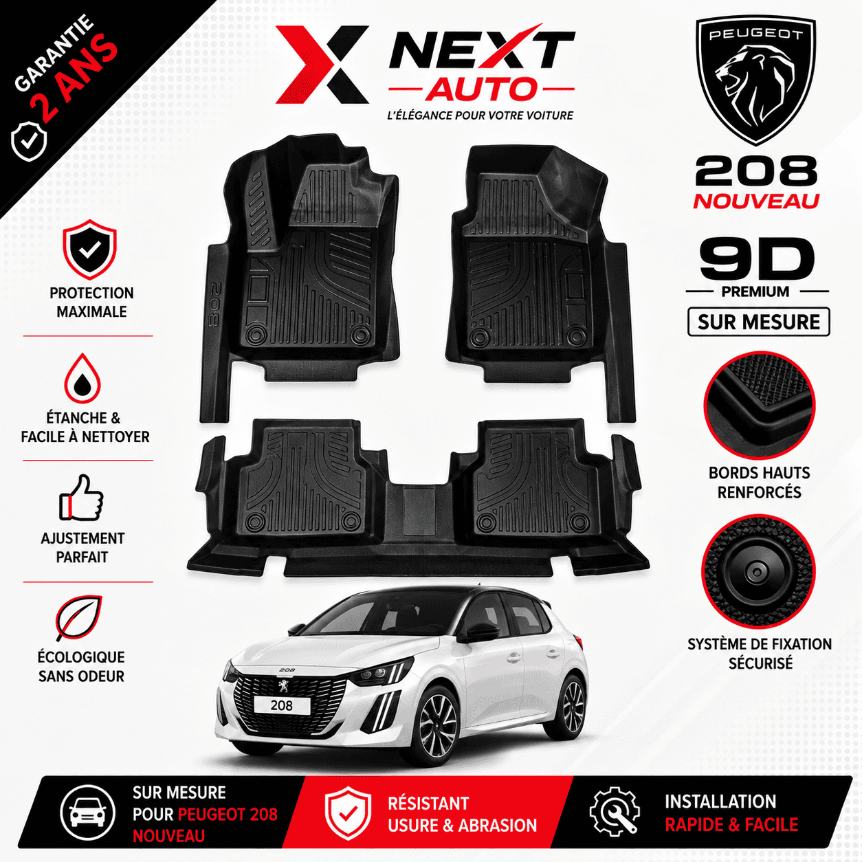 Tapis 9D sur mesure pour voiture 208 nouveau – Protection Premium | Next Auto Tunisie