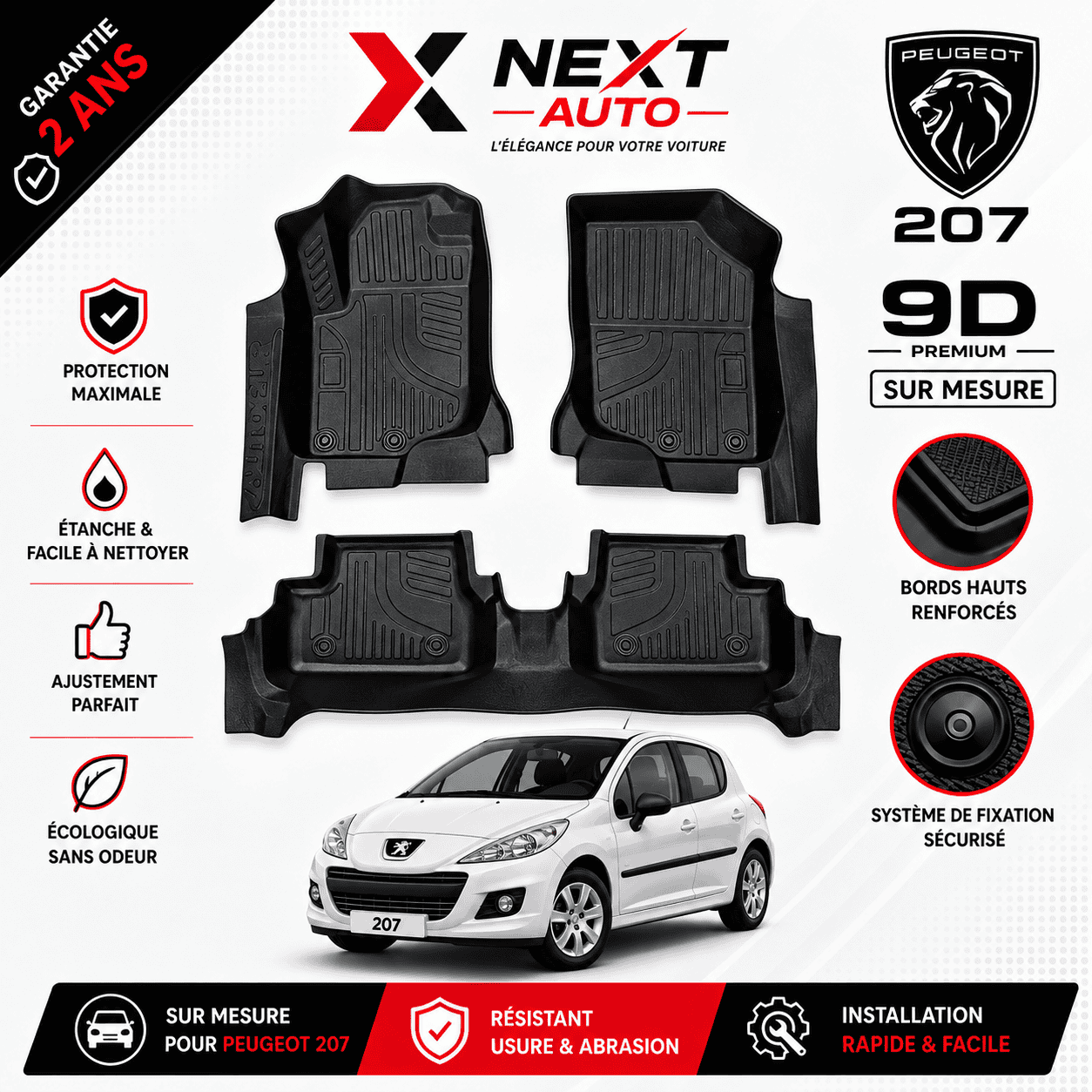 Tapis 9D sur mesure pour voiture 207 – Protection Premium | Next Auto Tunisie