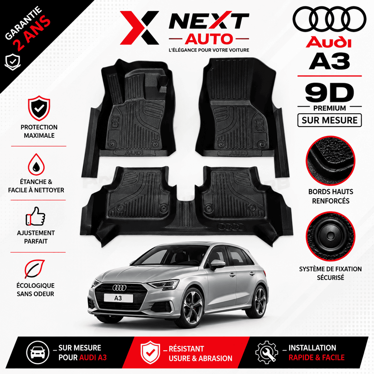 Tapis 9D Sur Mesure pour Voiture Audi A3 – Protection Premium | Next Auto Tunisie