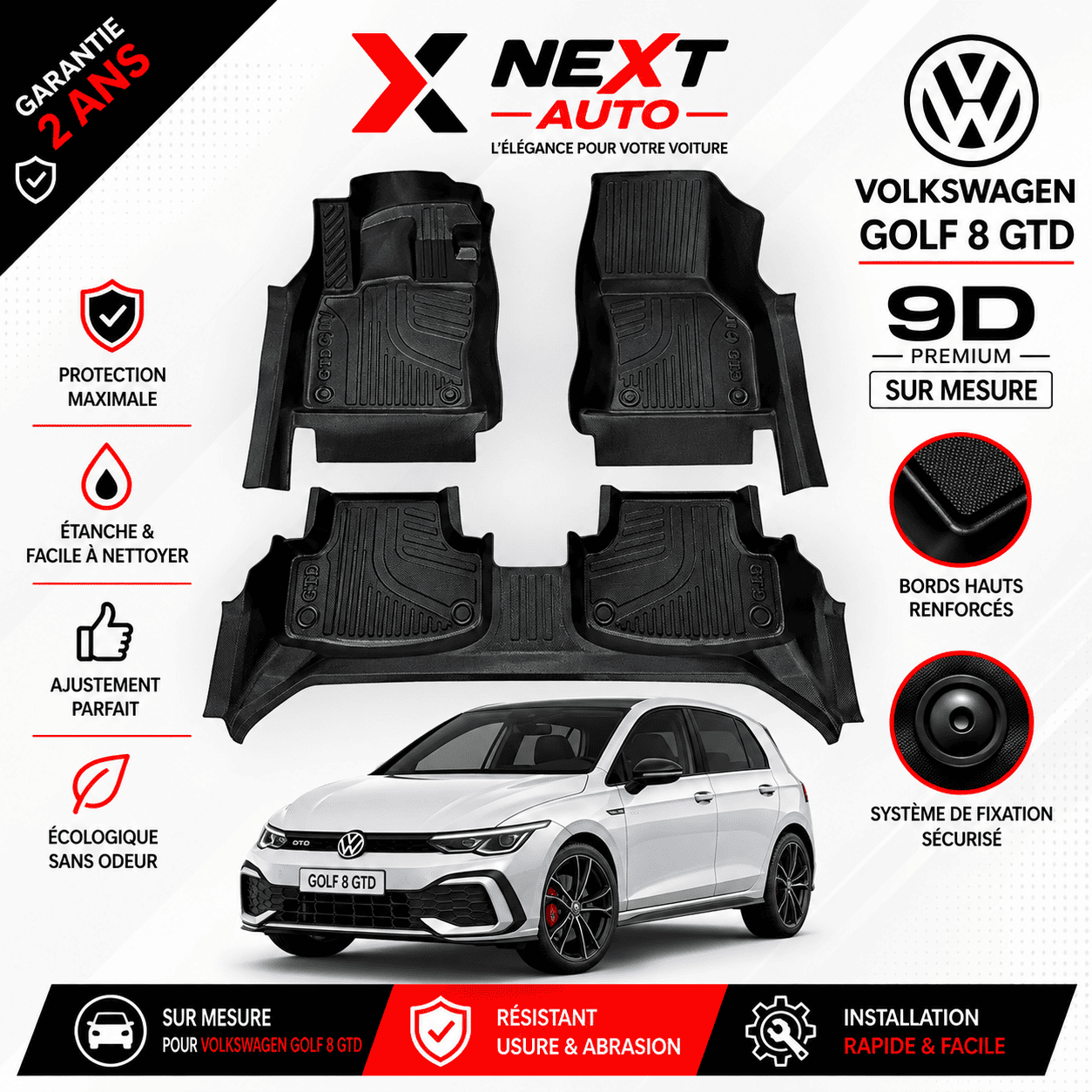 Tapis 9D Sur Mesure pour Voiture Golf 8 GtD – Protection Premium | Next Auto Tunisie