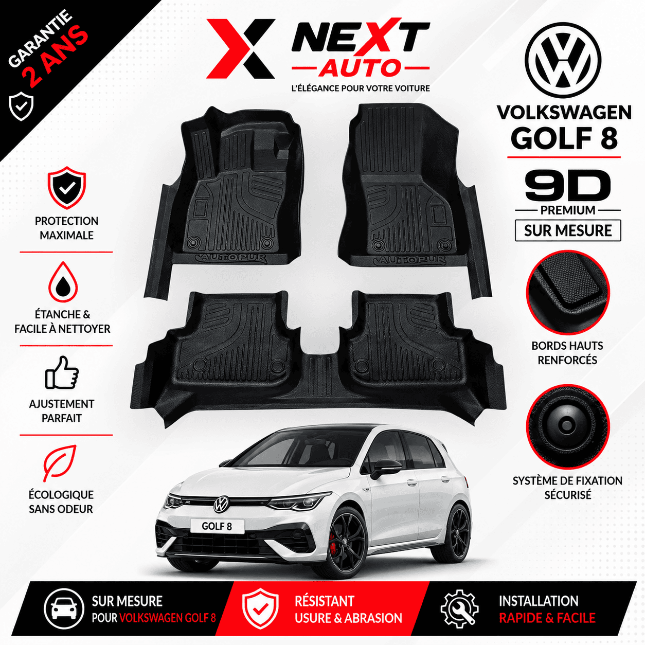 Tapis 9D Sur Mesure pour Voiture Golf 8 – Protection Premium | Next Auto Tunisie