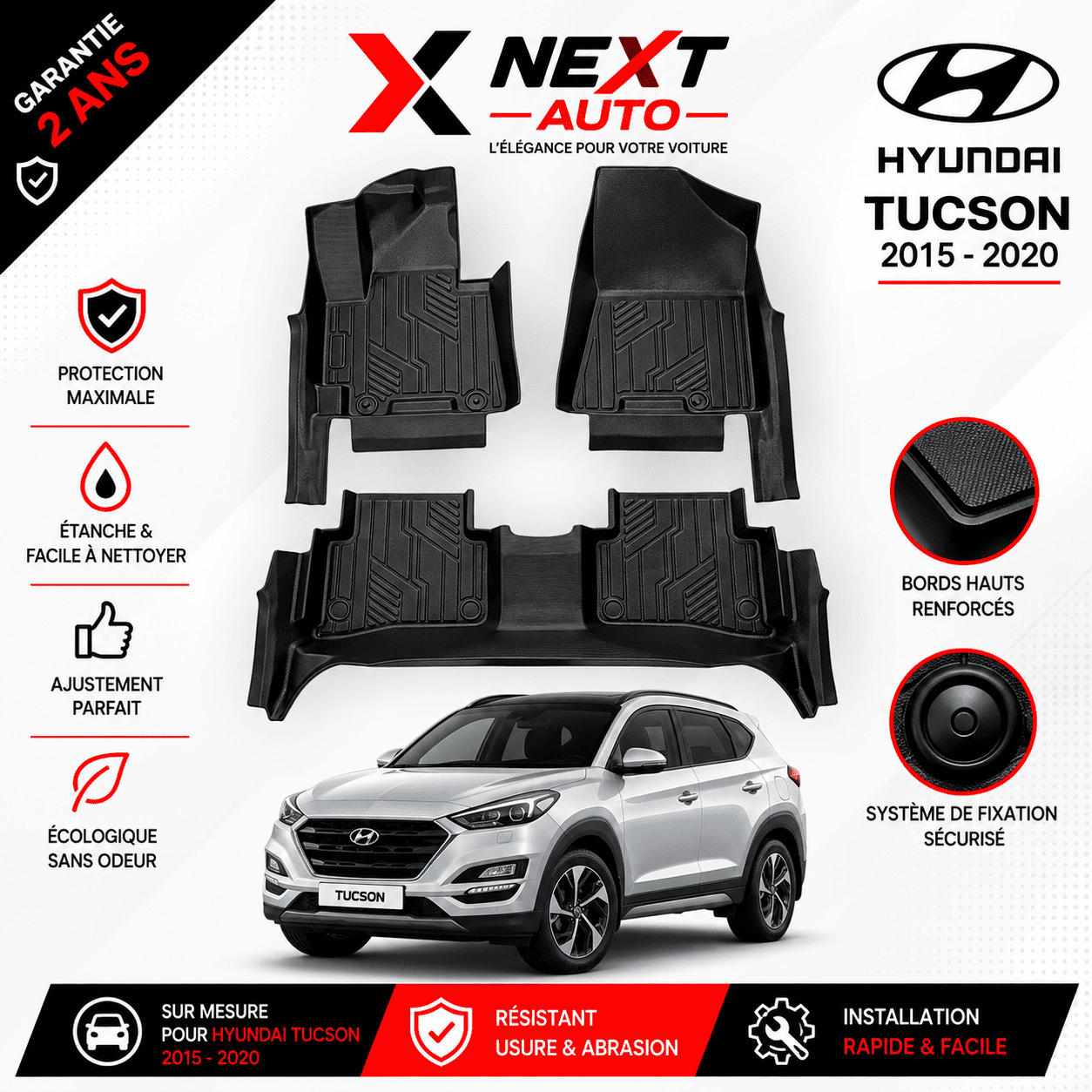 Tapis 9D Sur Mesure pour Voiture Hyundai Tucson 2015-2020 – Protection Premium | Next Auto Tunisie