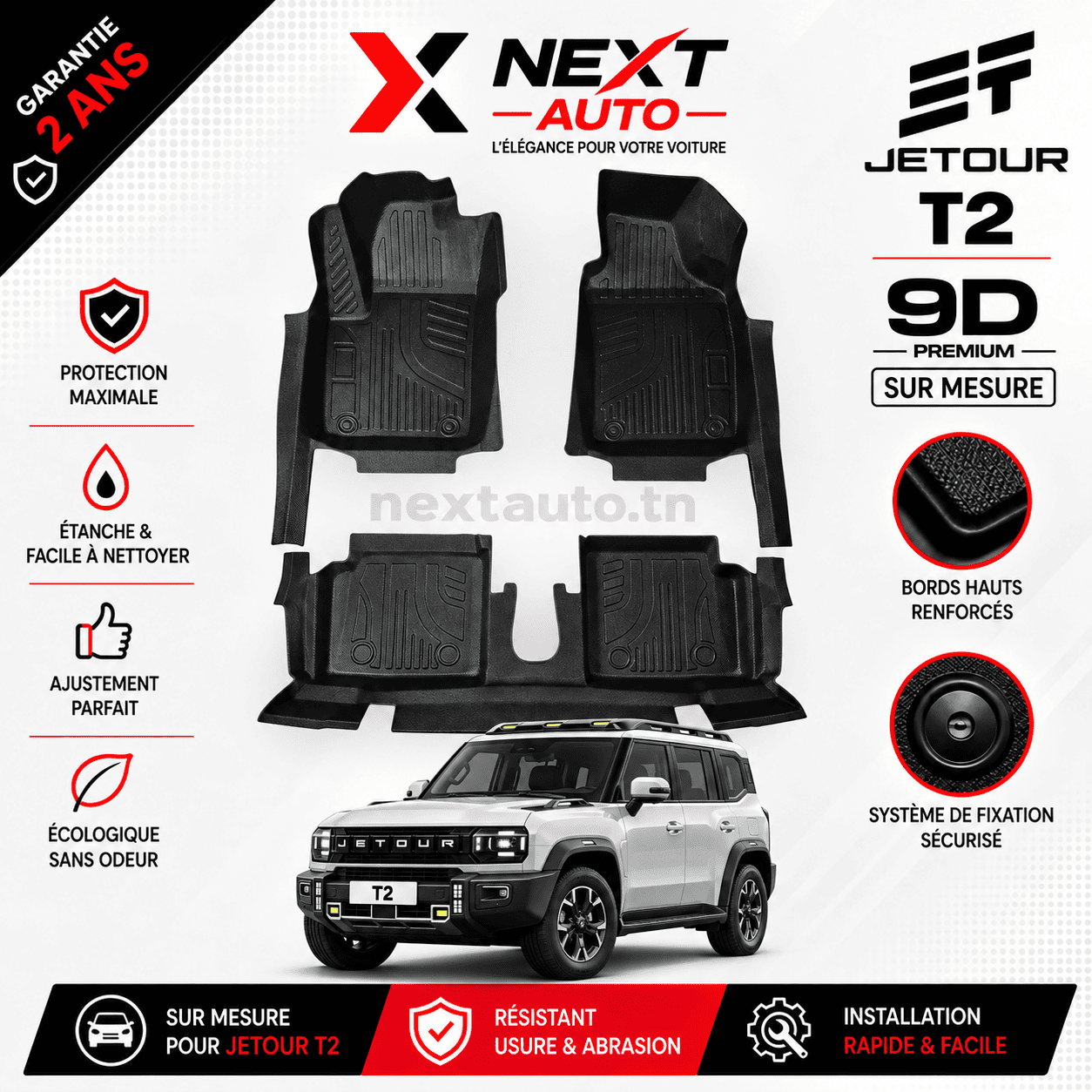 Tapis 9D Sur Mesure pour Voiture Jetour T2 – Protection Premium | Next Auto Tunisie