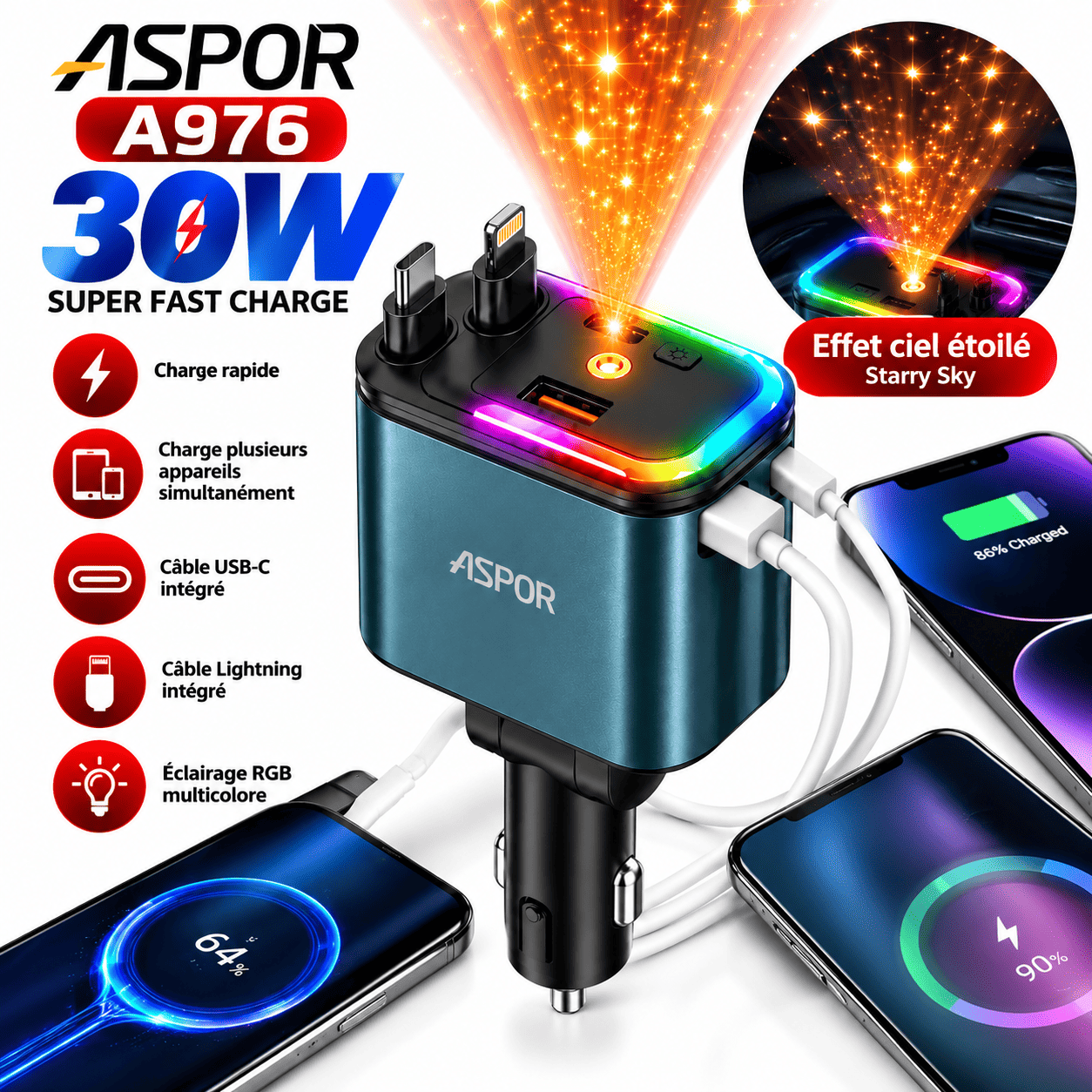 Aspor A976 30W – Chargeur Voiture Rapide avec Câbles Intégrés & Ciel Étoilé | Tunisie